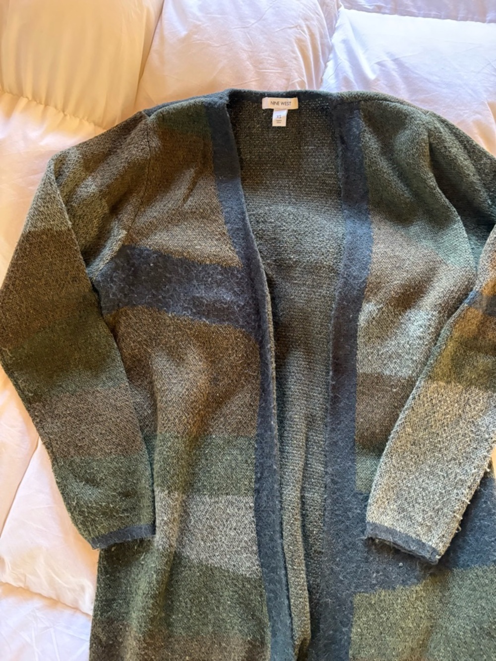 Nine West Army Green and Gray Open-Front Long Knit Cardigan